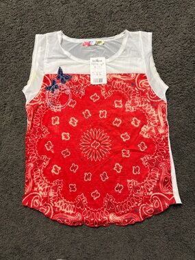 Desigual Girls Red Bandana Print Tank with White Mesh Yoke